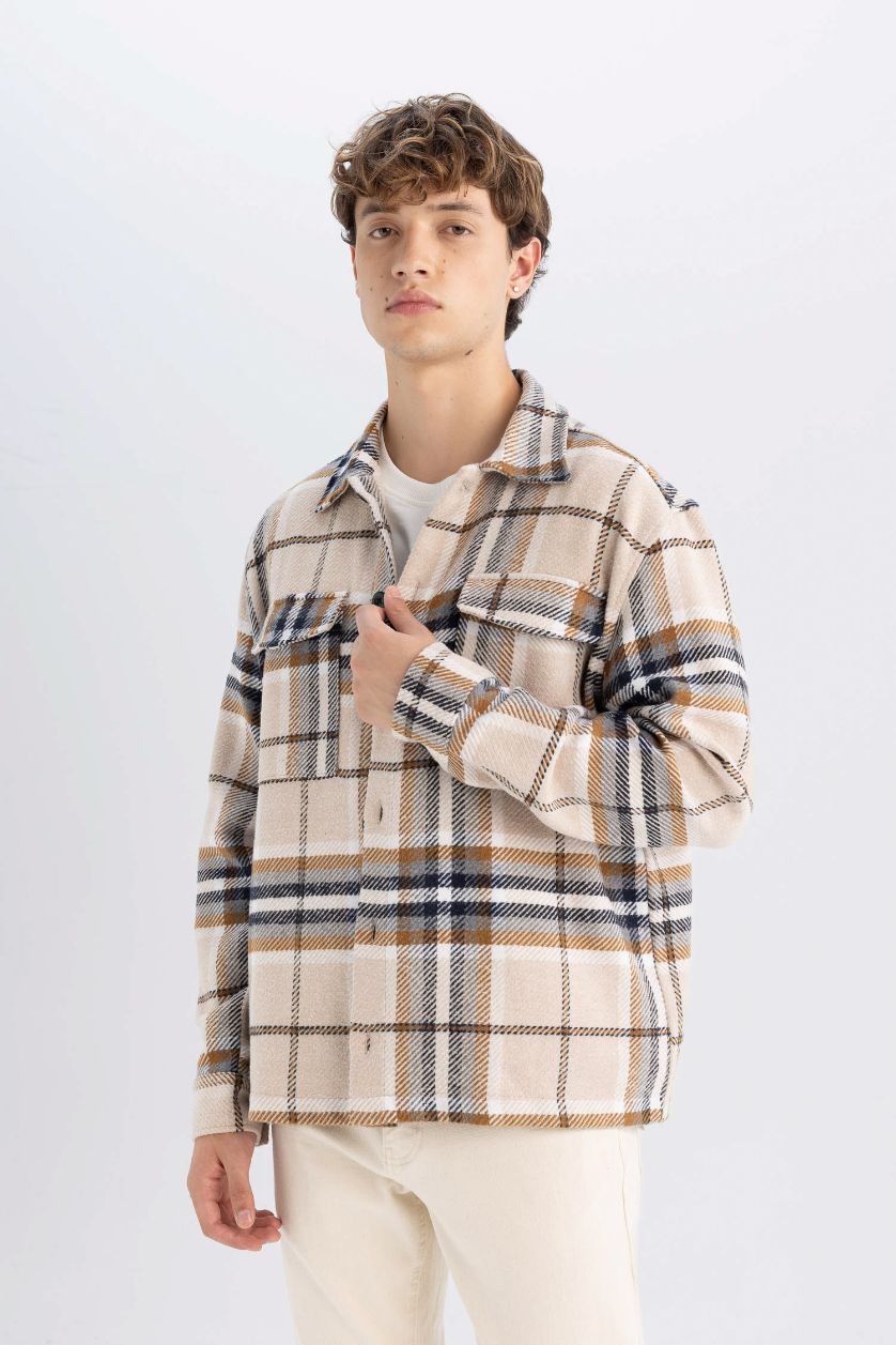 Erkek Taş Relax Fit Kareli Oduncu Flanel Uzun Kollu Gömlek