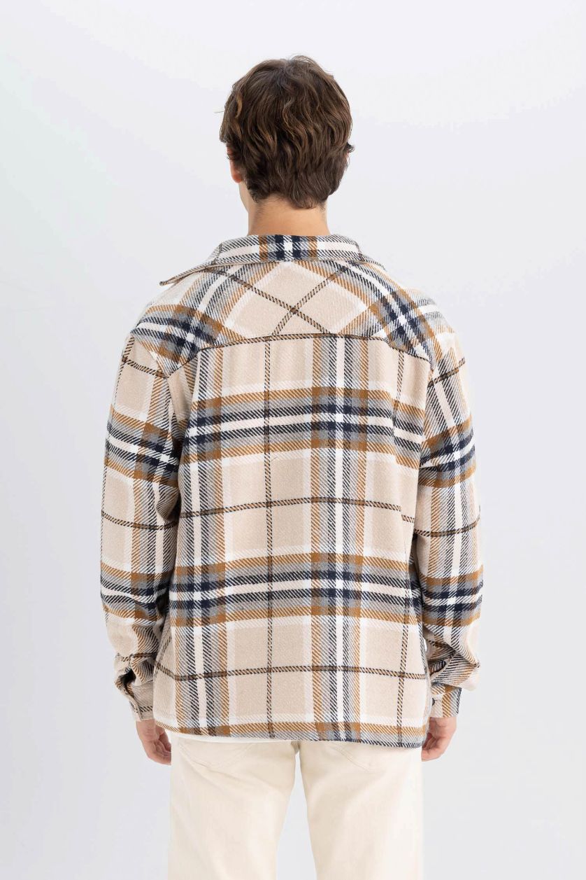 Erkek Taş Relax Fit Kareli Oduncu Flanel Uzun Kollu Gömlek