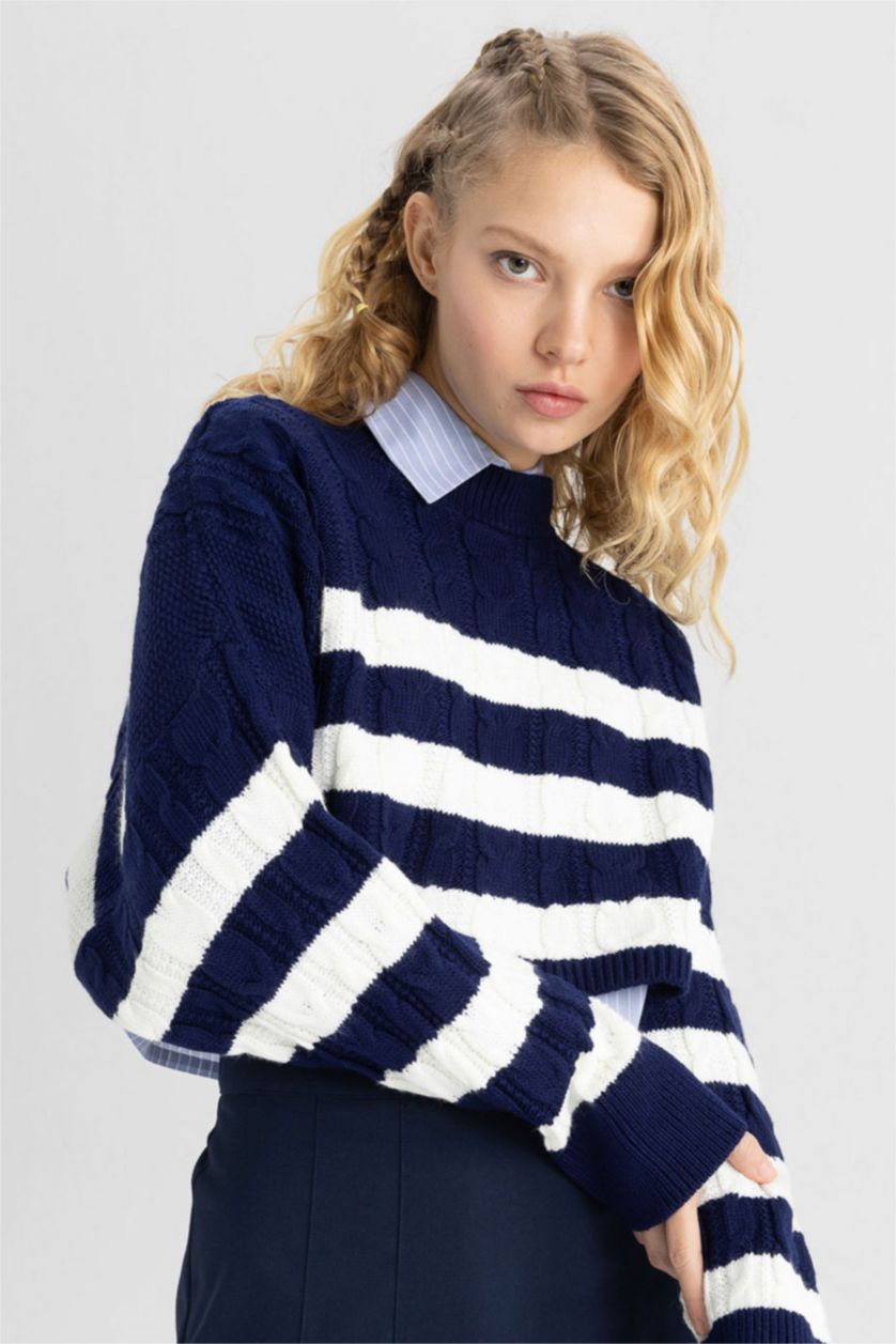 WOMAN NAVY Regular Fit Striped Crew Neck Knitted Pullover