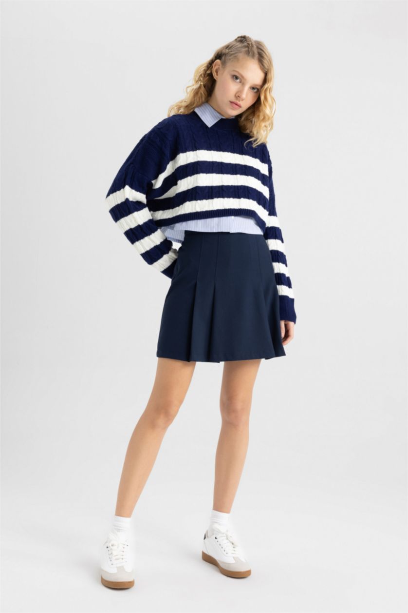 WOMAN NAVY Regular Fit Striped Crew Neck Knitted Pullover