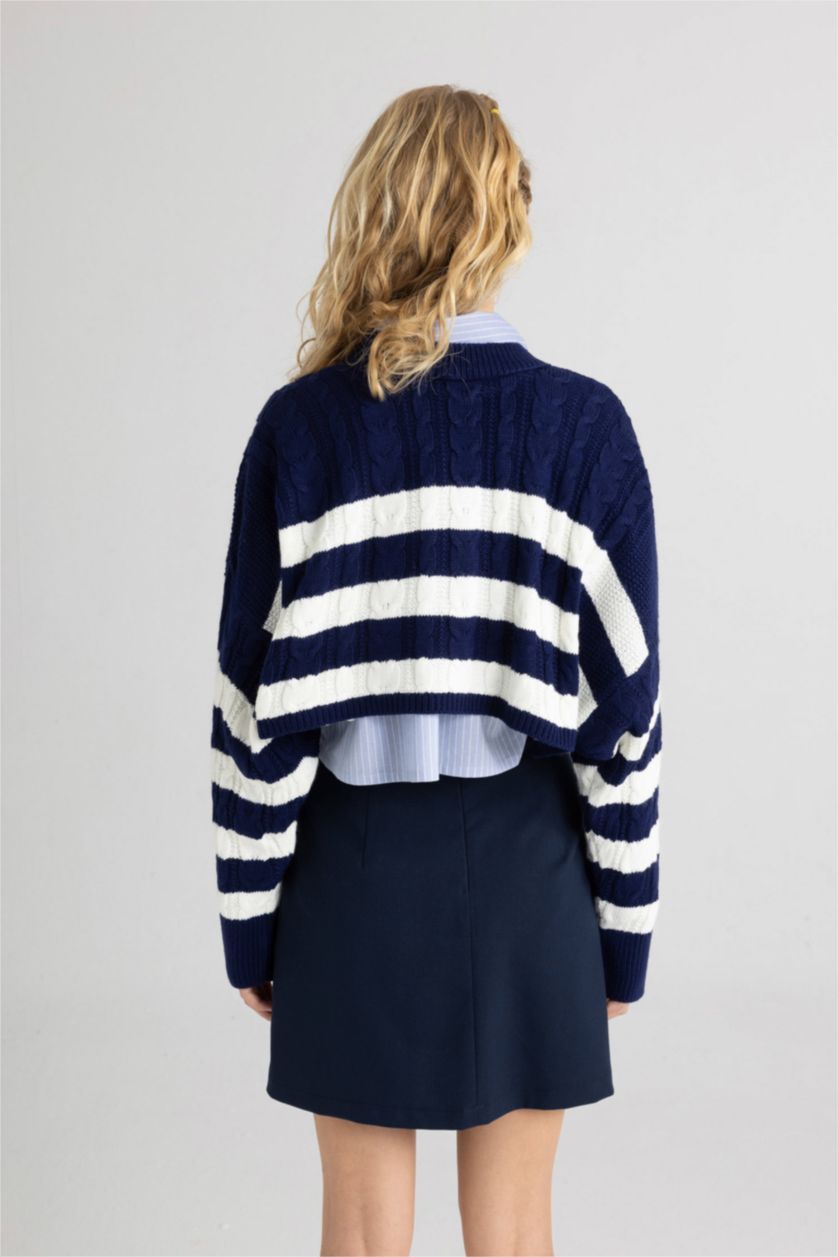WOMAN NAVY Regular Fit Striped Crew Neck Knitted Pullover
