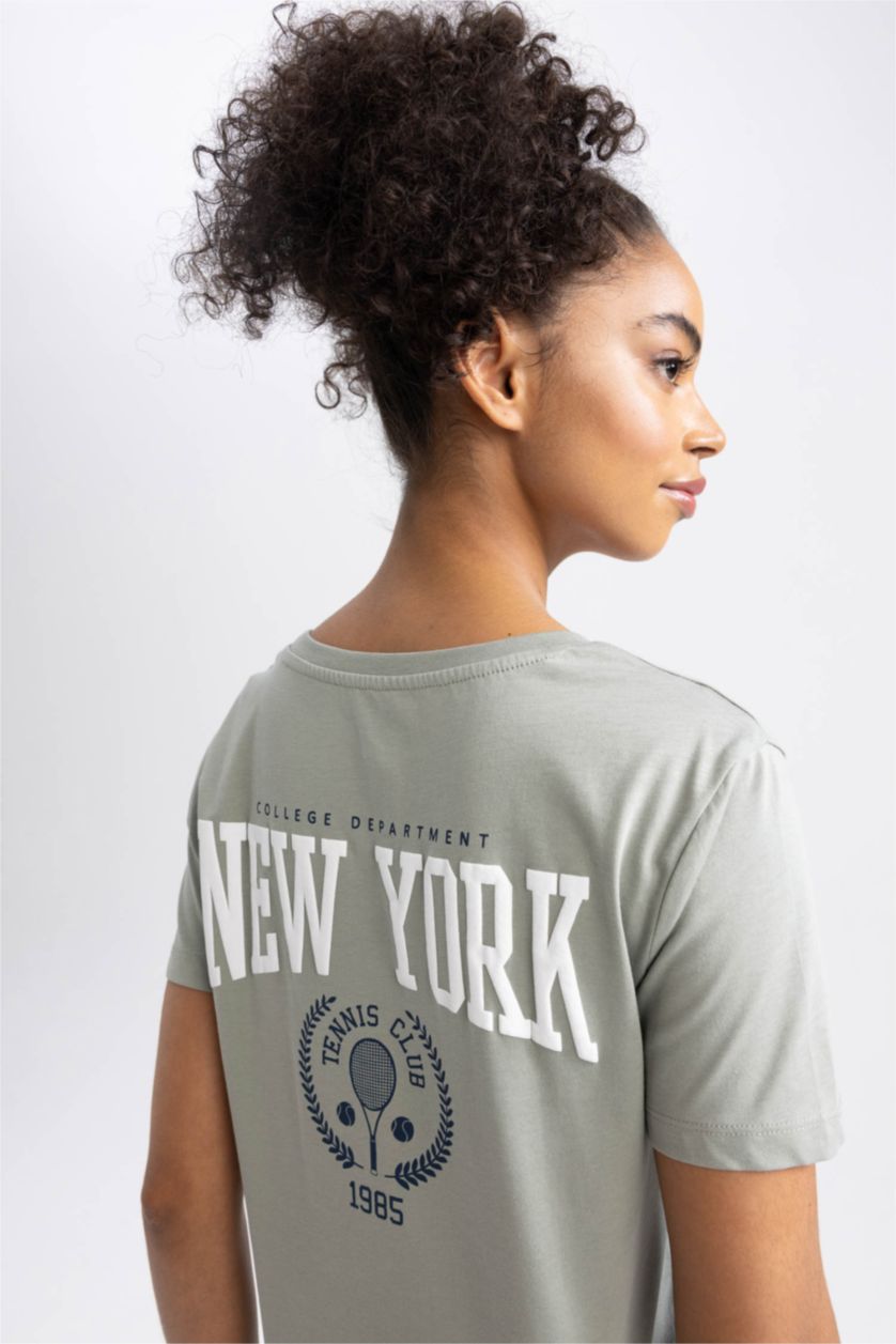 Woman Mint DeFactoFit Fitted V Neck Sports Printed Sports T-Shirt