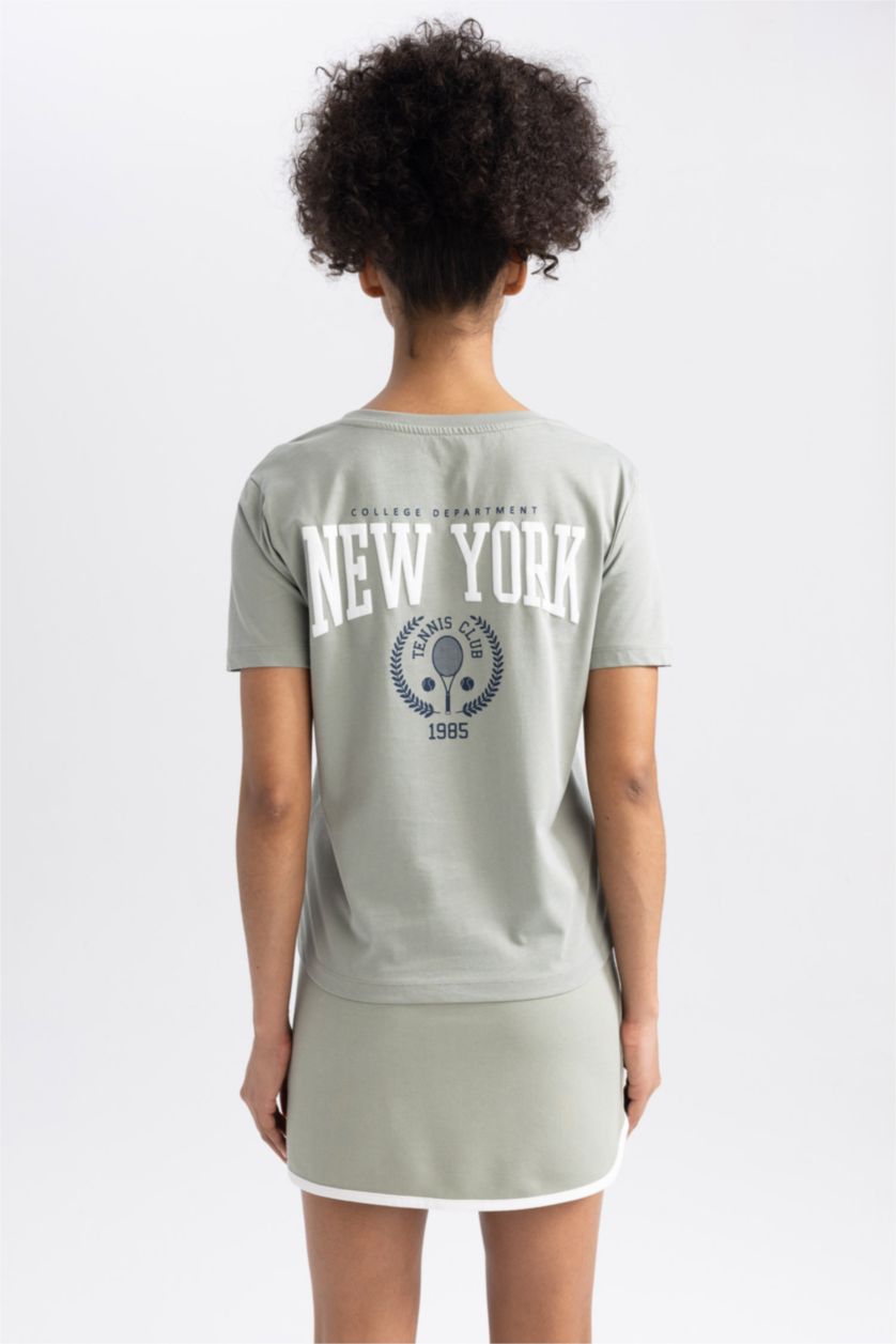 Woman Mint DeFactoFit Fitted V Neck Sports Printed Sports T-Shirt