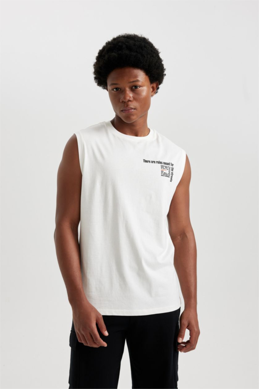White Man DeFactoFit Boxy Fit Printed Cotton Sleeveless T-Shirt