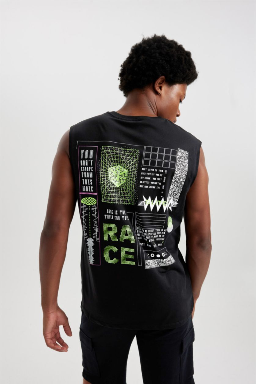 Man Black DeFactoFit Boxy Fit Printed Cotton Sleeveless T-Shirt
