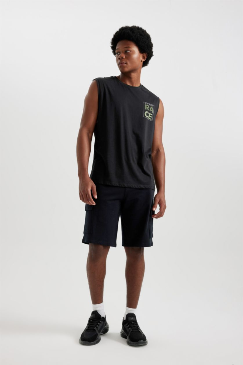 Man Black DeFactoFit Boxy Fit Printed Cotton Sleeveless T-Shirt