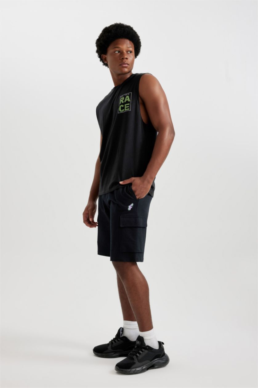 Man Black DeFactoFit Boxy Fit Printed Cotton Sleeveless T-Shirt