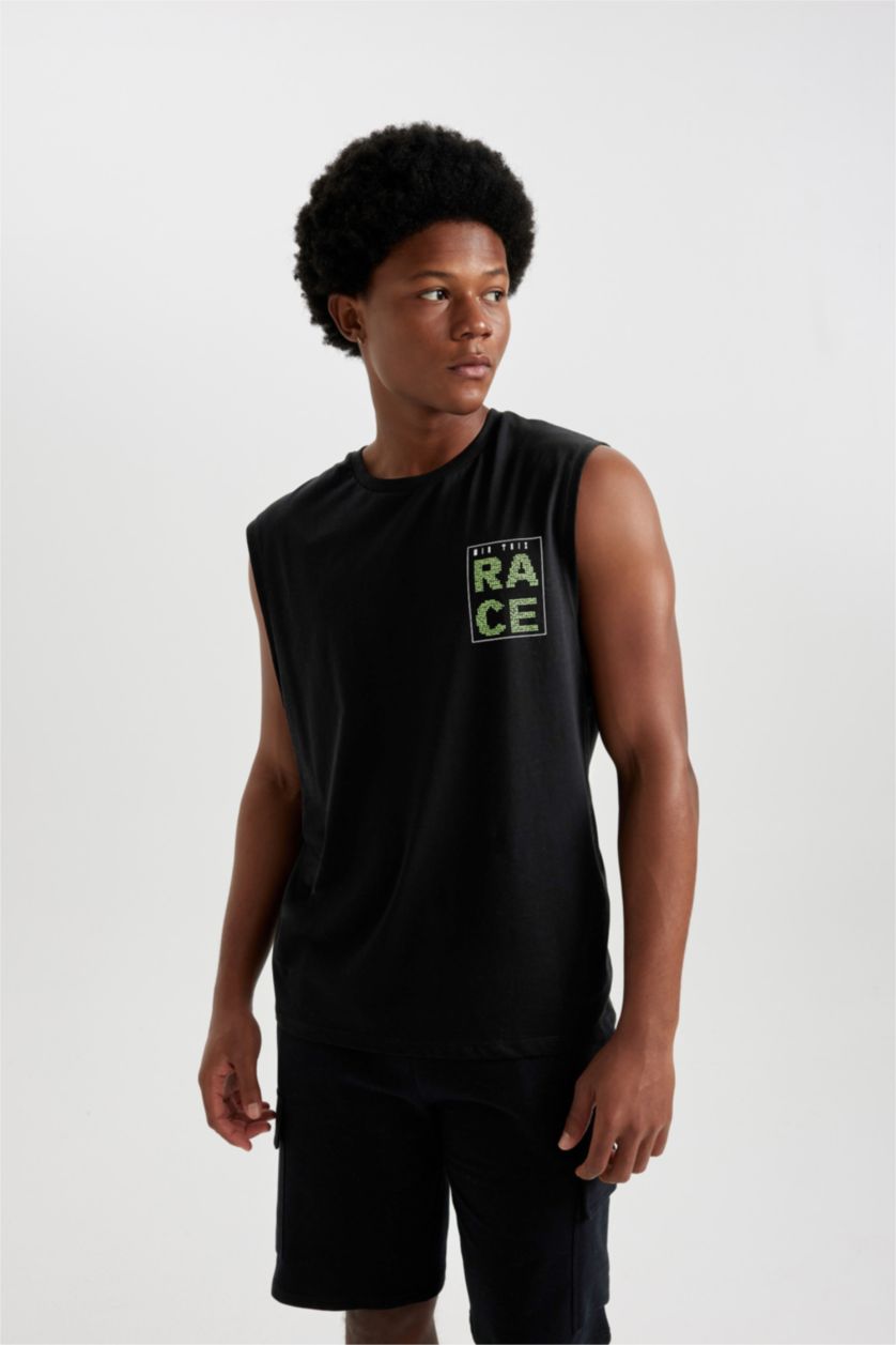 Man Black DeFactoFit Boxy Fit Printed Cotton Sleeveless T-Shirt