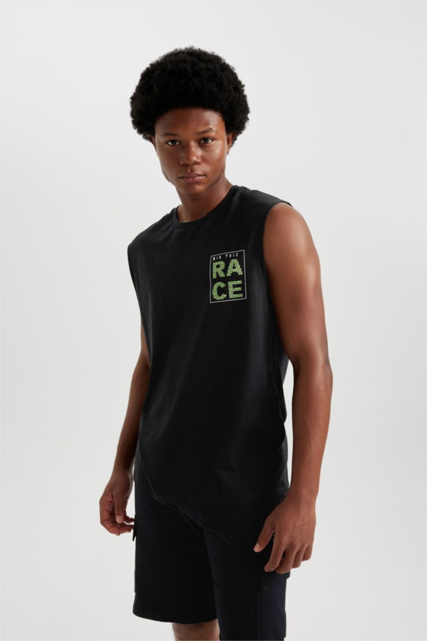 Man Black DeFactoFit Boxy Fit Printed Cotton Sleeveless T-Shirt