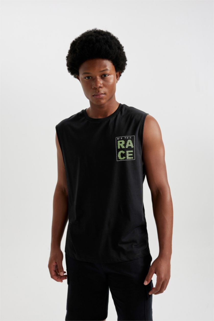 Man Black DeFactoFit Boxy Fit Printed Cotton Sleeveless T-Shirt