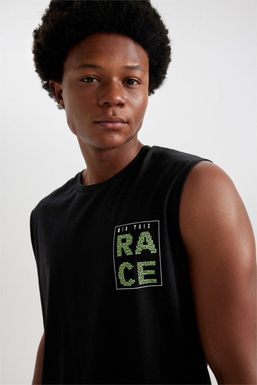 Man Black DeFactoFit Boxy Fit Printed Cotton Sleeveless T-Shirt