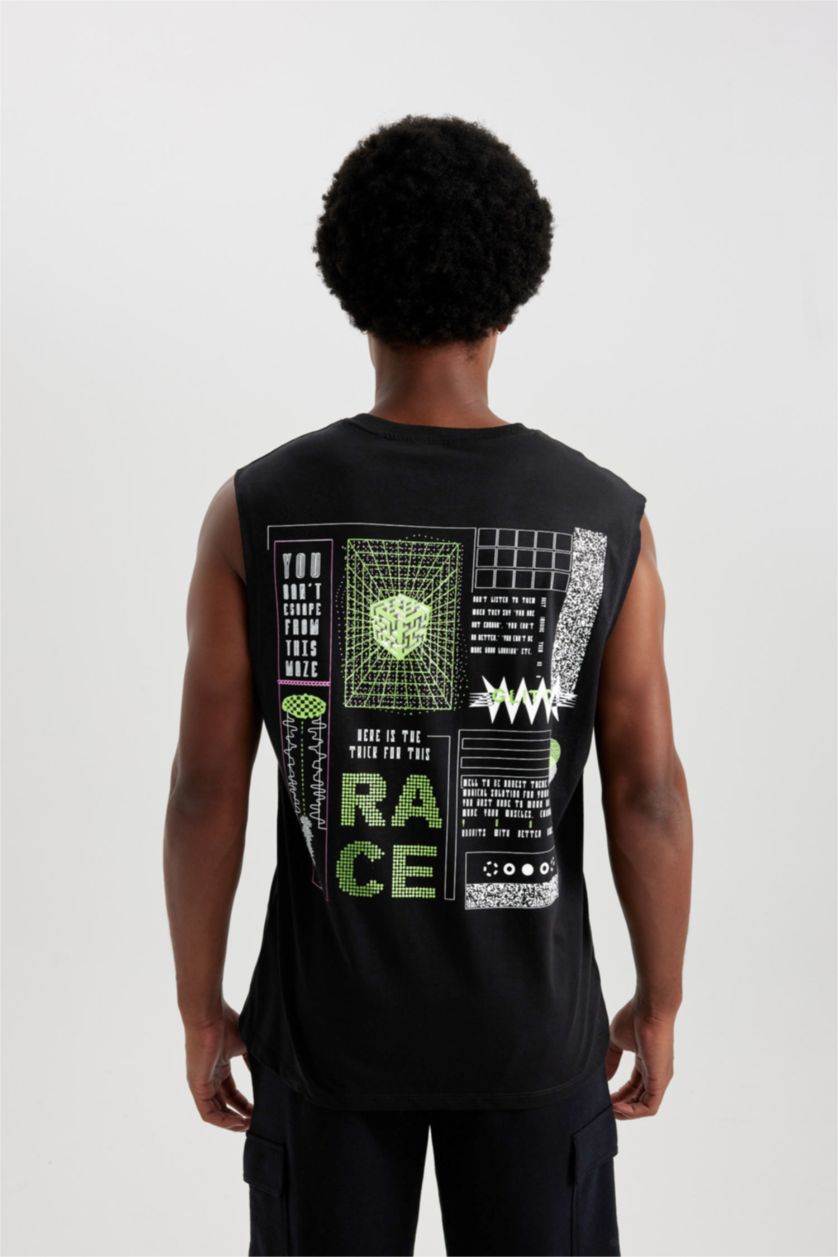Man Black DeFactoFit Boxy Fit Printed Cotton Sleeveless T-Shirt