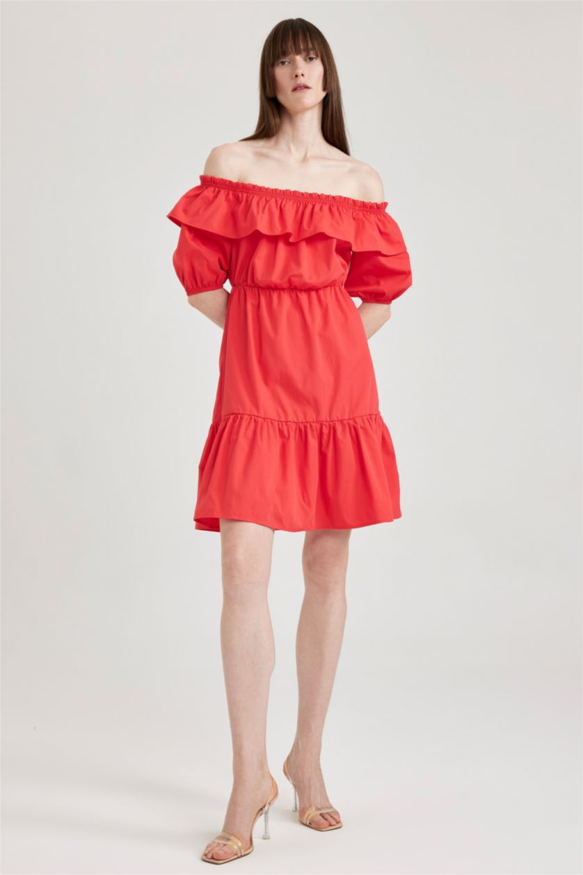 WOMAN Light Red Off-the-Shoulder Poplin Mini Short Sleeve Dress