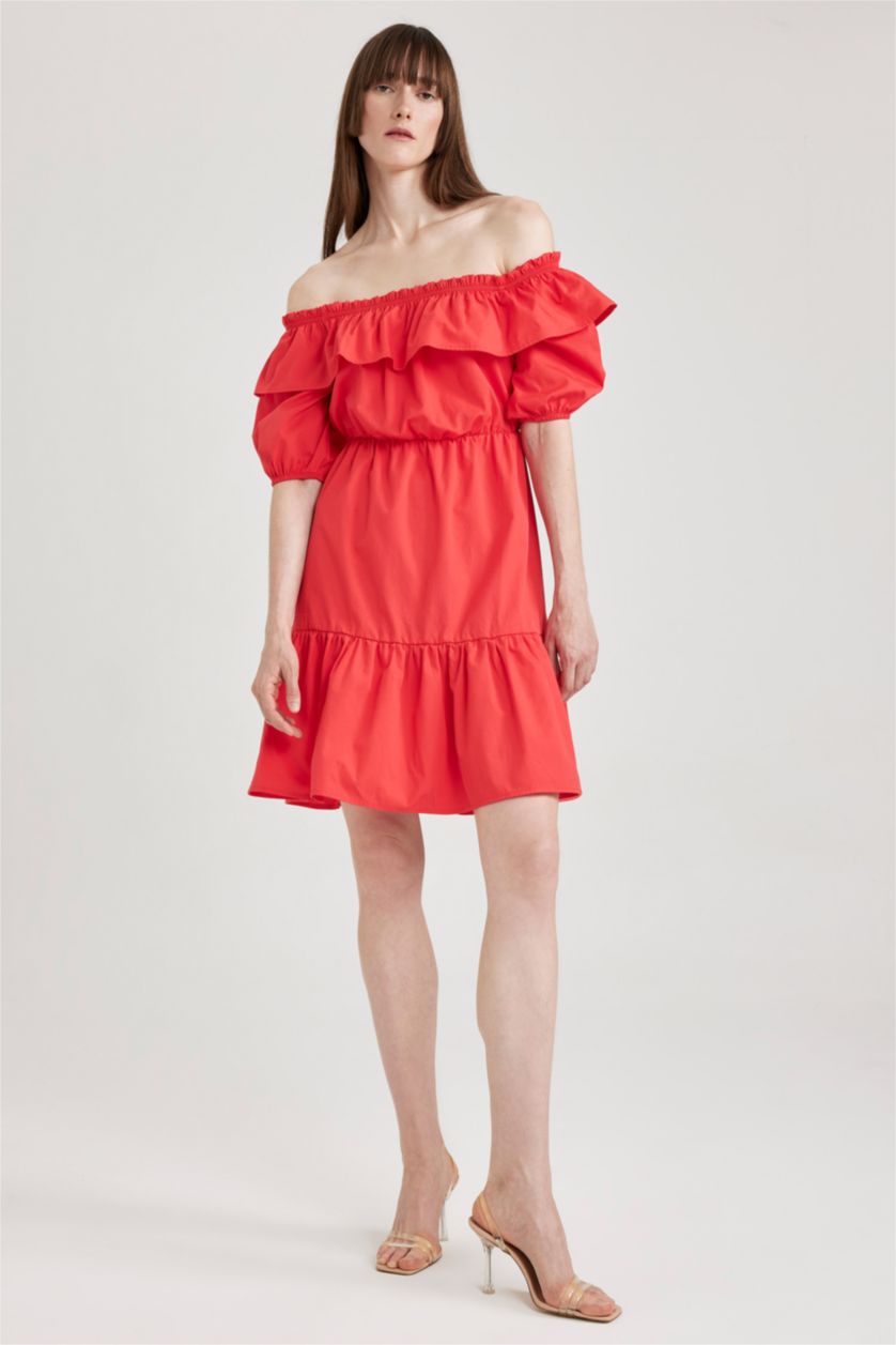 WOMAN Light Red Off-the-Shoulder Poplin Mini Short Sleeve Dress