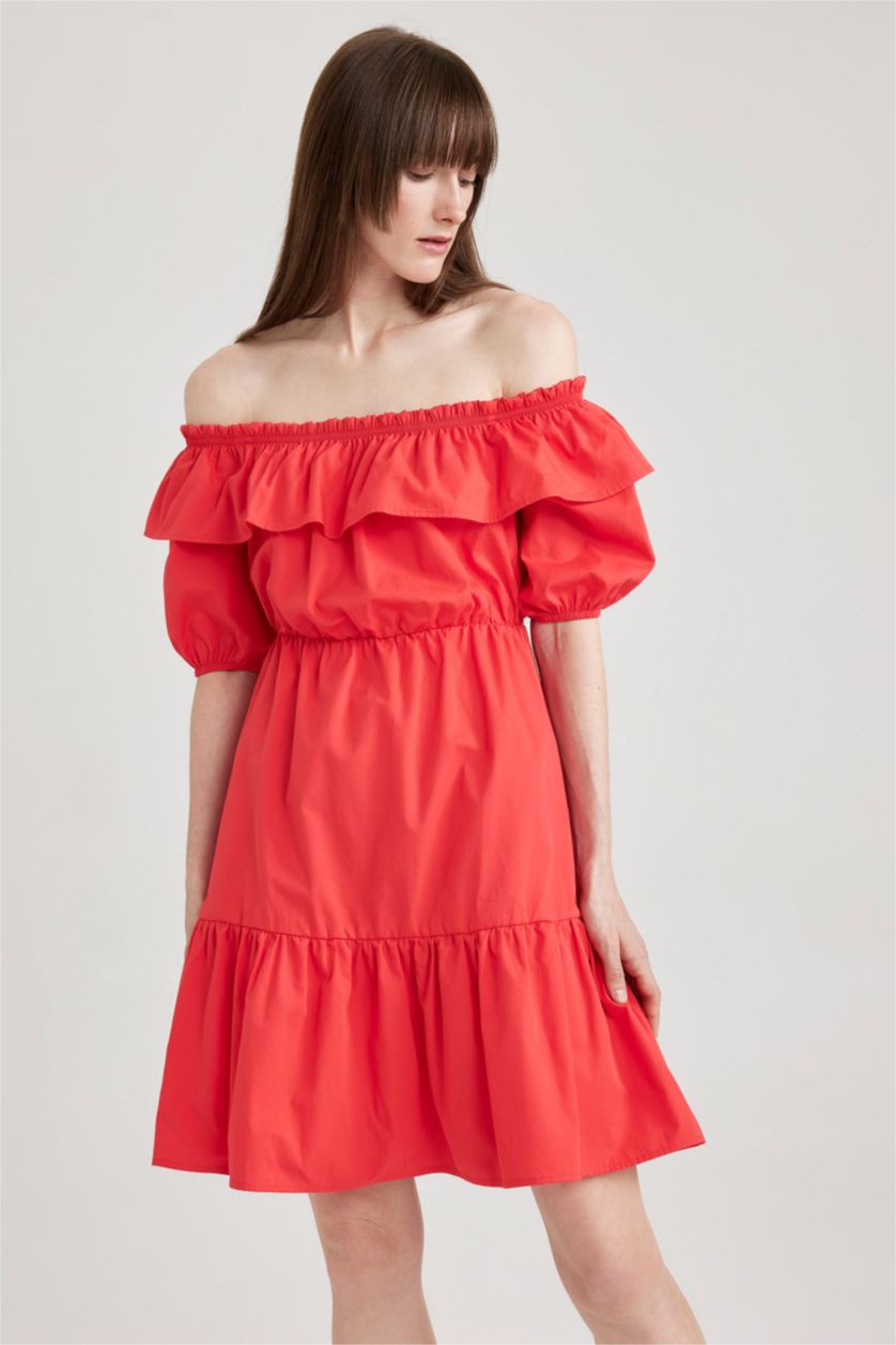 WOMAN Light Red Off-the-Shoulder Poplin Mini Short Sleeve Dress