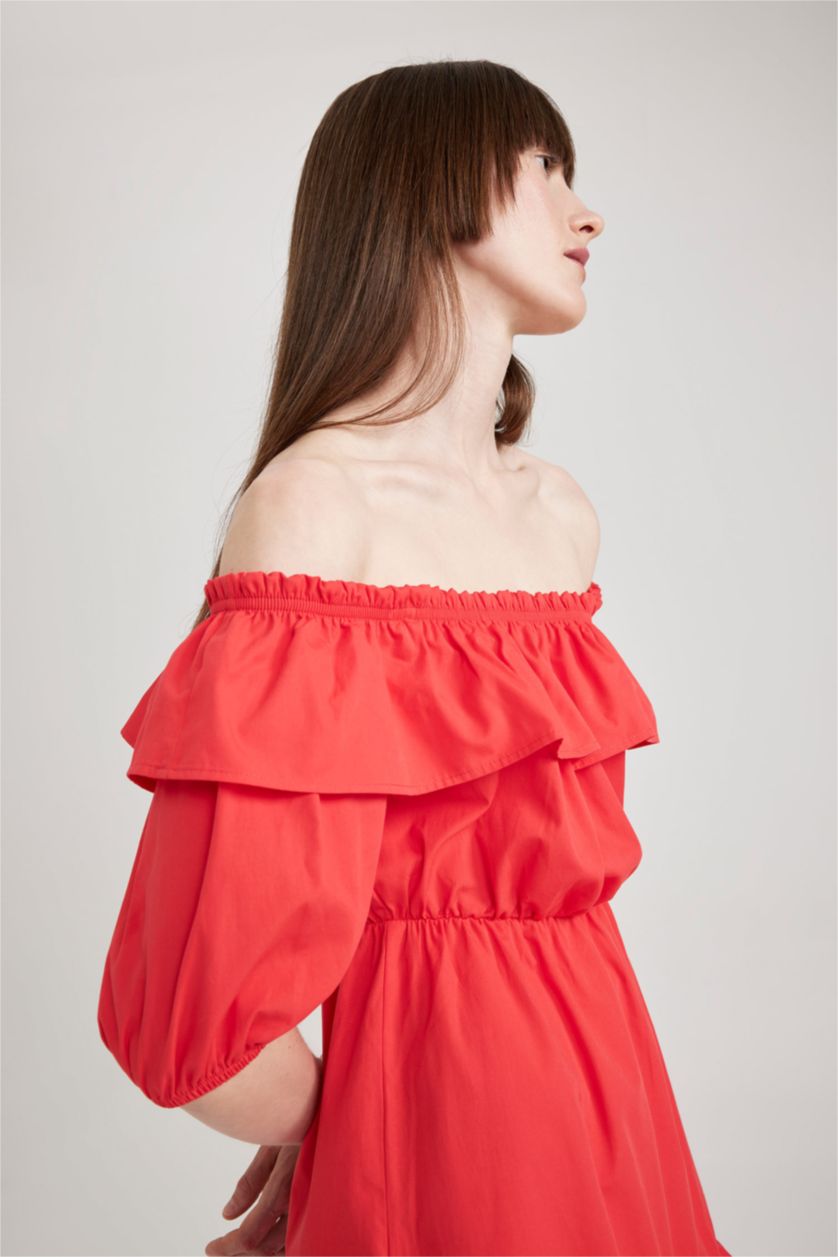 WOMAN Light Red Off-the-Shoulder Poplin Mini Short Sleeve Dress