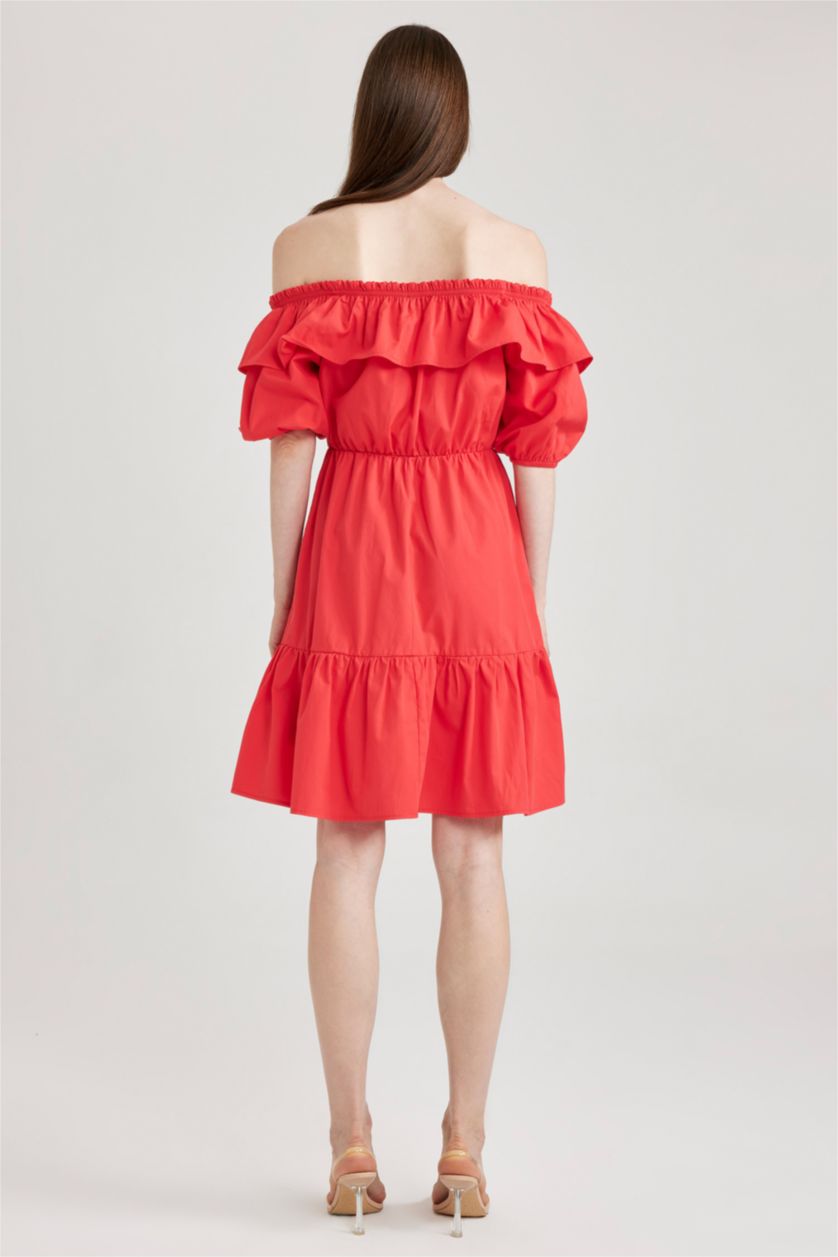 WOMAN Light Red Off-the-Shoulder Poplin Mini Short Sleeve Dress