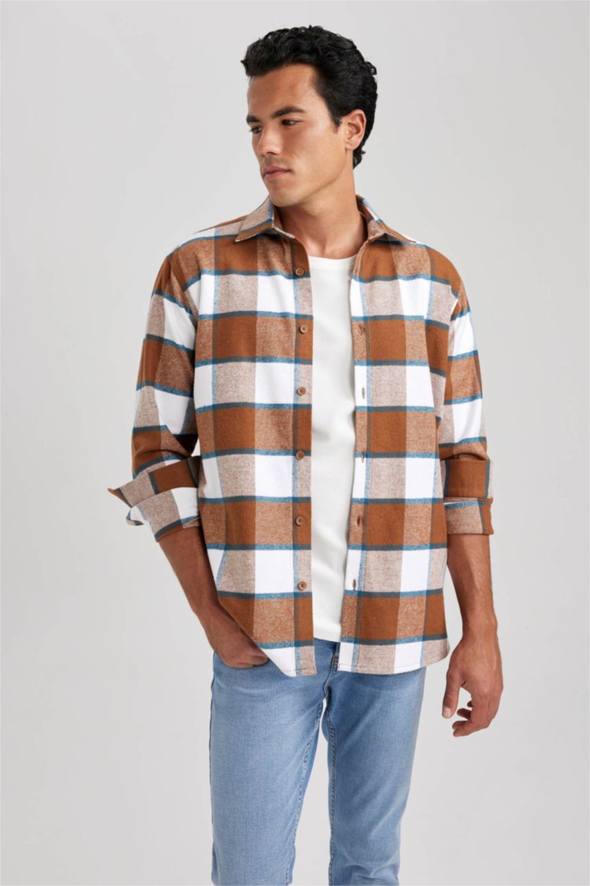 HOMME Marron Chemise Coupe Régulière à Manches Longues à Carreaux de Bûcheron