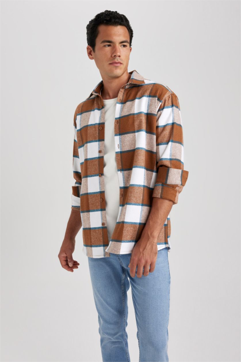 HOMME Marron Chemise Coupe Régulière à Manches Longues à Carreaux de Bûcheron