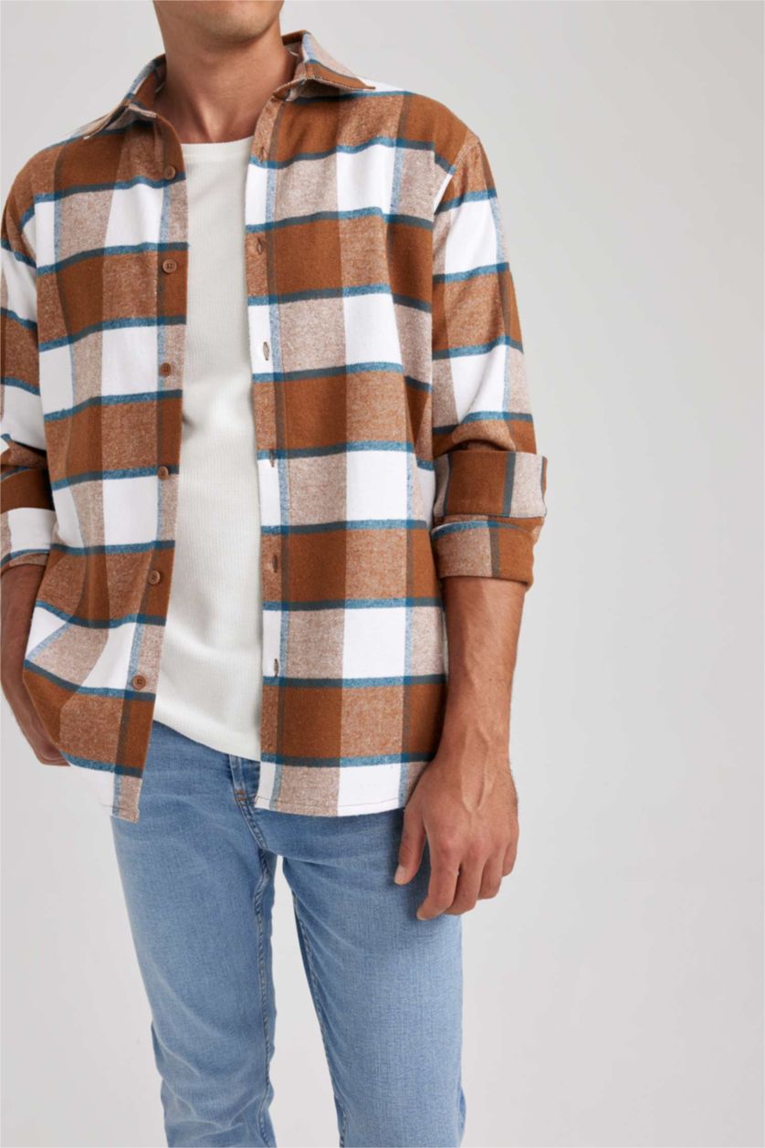 HOMME Marron Chemise Coupe Régulière à Manches Longues à Carreaux de Bûcheron