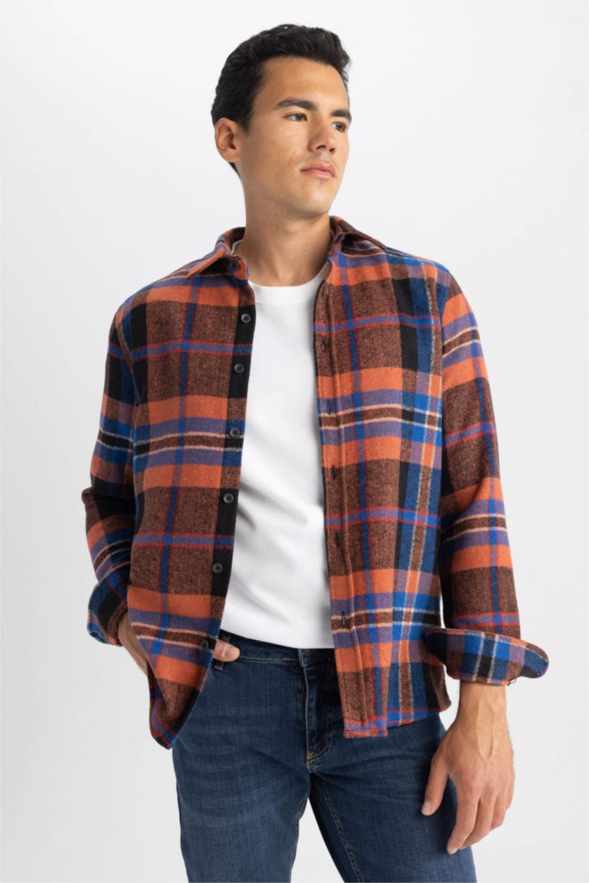 MAN Dark Orange Regular Fit Polo Collar Plaid Lumberjack Long Sleeve Shirt