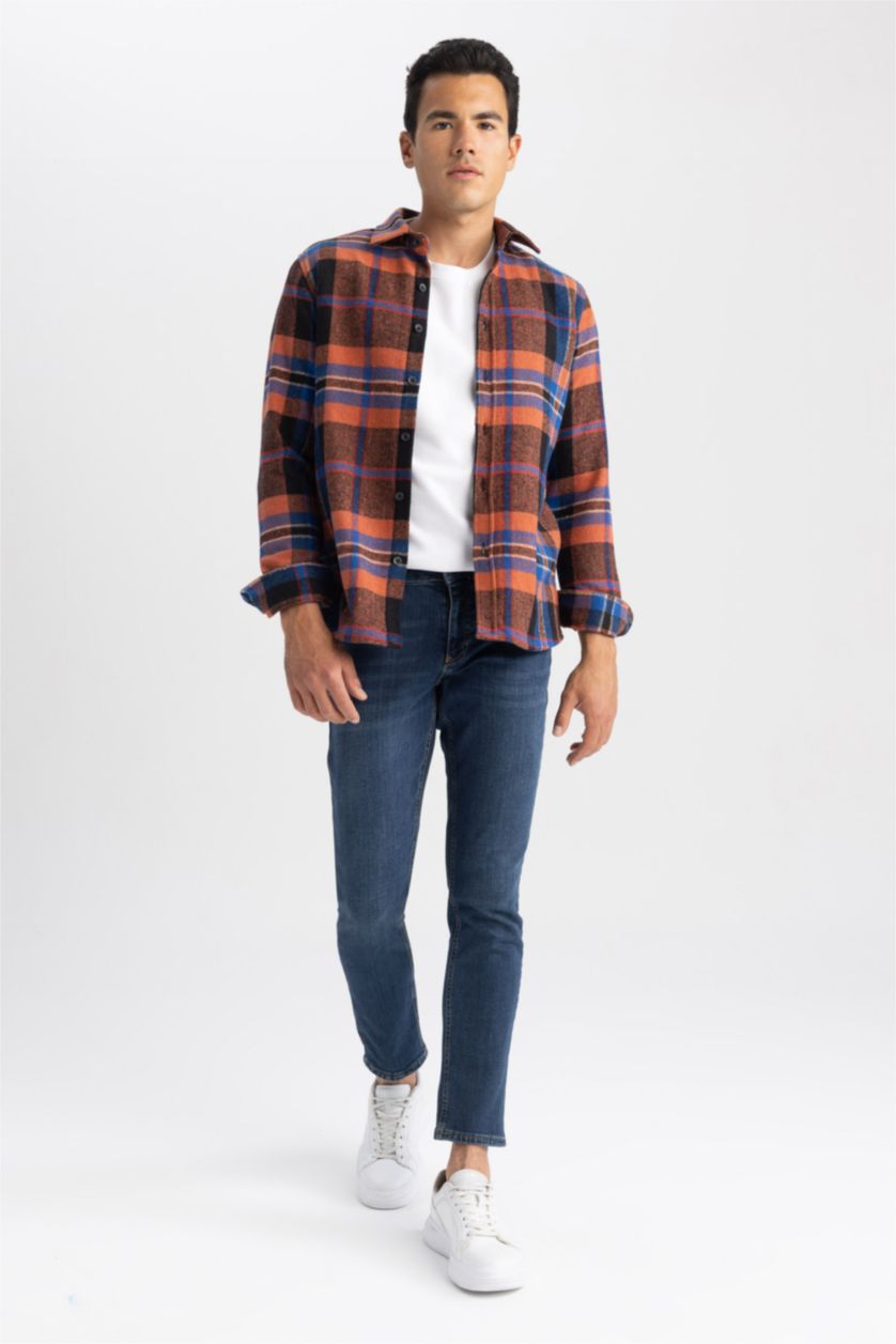 MAN Dark Orange Regular Fit Polo Collar Plaid Lumberjack Long Sleeve Shirt