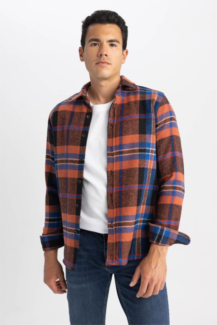 MAN Dark Orange Regular Fit Polo Collar Plaid Lumberjack Long Sleeve Shirt