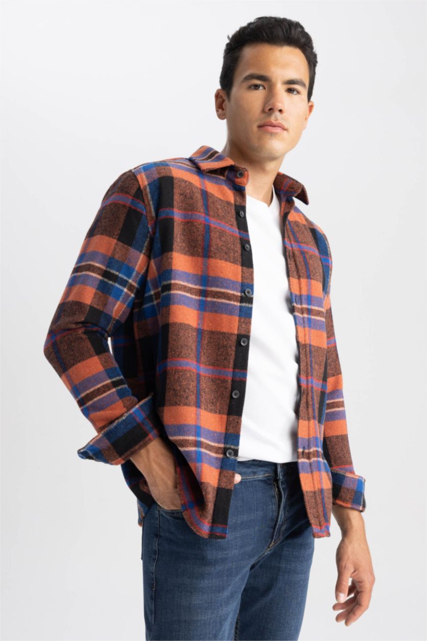 MAN Dark Orange Regular Fit Polo Collar Plaid Lumberjack Long Sleeve Shirt