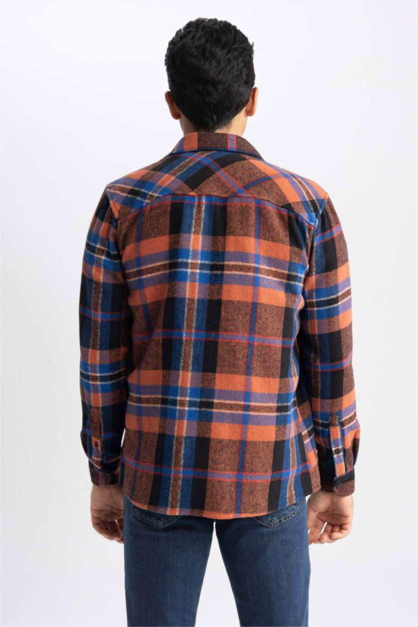 MAN Dark Orange Regular Fit Polo Collar Plaid Lumberjack Long Sleeve Shirt