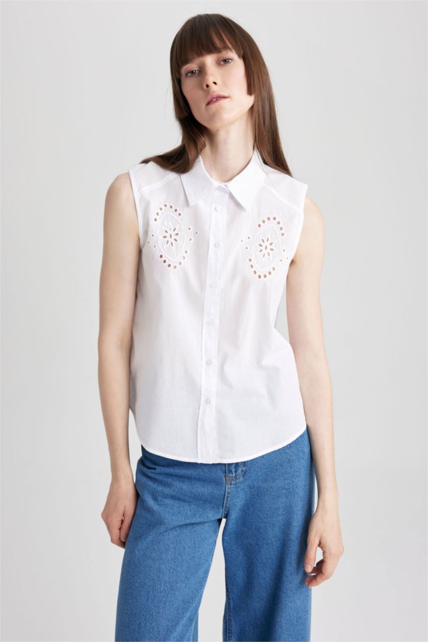 WOMAN White Regular Fit Voile Sleeveless Shirt