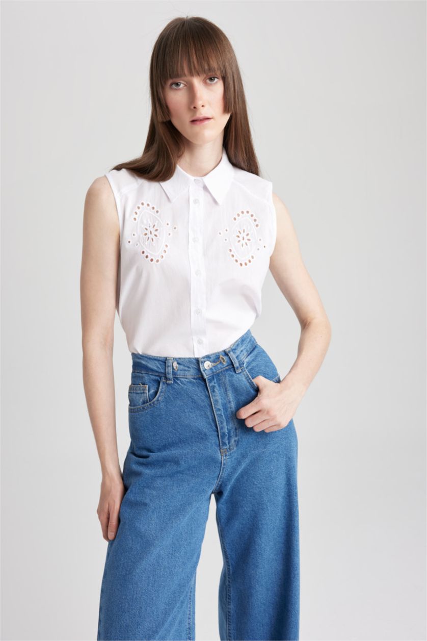 WOMAN White Regular Fit Voile Sleeveless Shirt