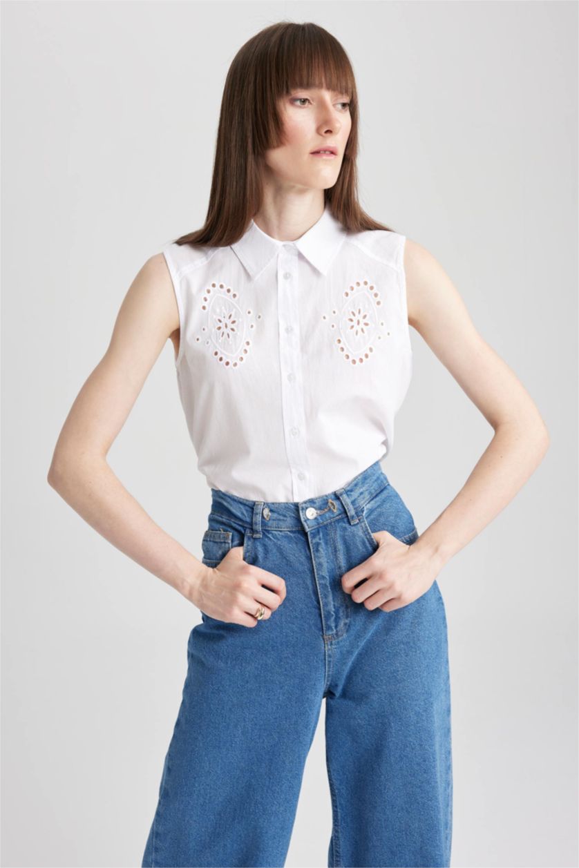 WOMAN White Regular Fit Voile Sleeveless Shirt