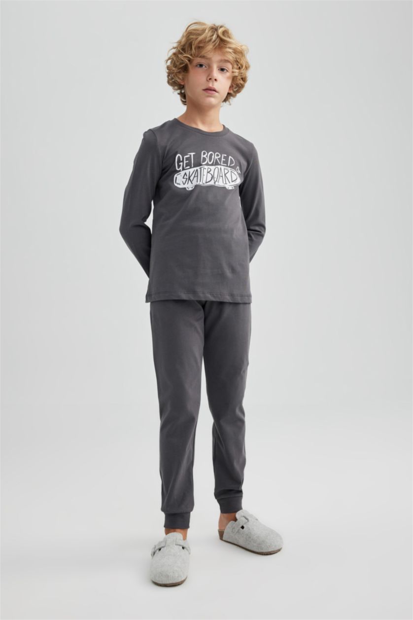 Erkek Çocuk - Genç Erkek Antrasit Erkek Çocuk Baskılı Uzun Kollu Pijama Takımı