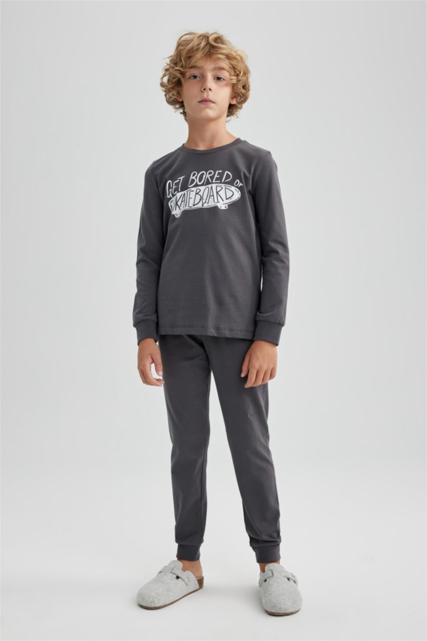 Erkek Çocuk - Genç Erkek Antrasit Erkek Çocuk Baskılı Uzun Kollu Pijama Takımı