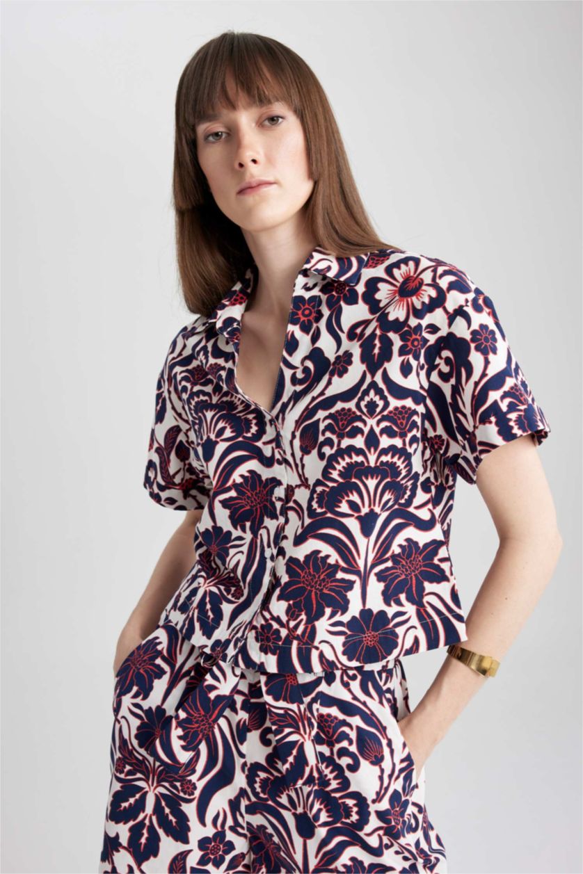 WOMAN NAVY Patterned Poplin Short Sleeve Cotton Shirt
