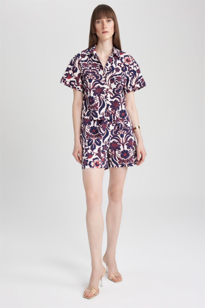 WOMAN NAVY Patterned Poplin Short Sleeve Cotton Shirt