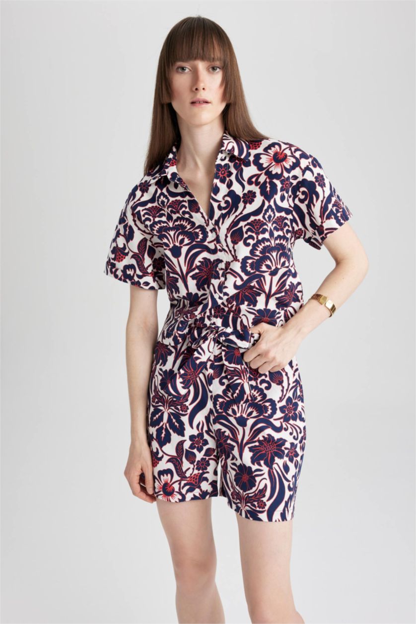 WOMAN NAVY Patterned Poplin Short Sleeve Cotton Shirt