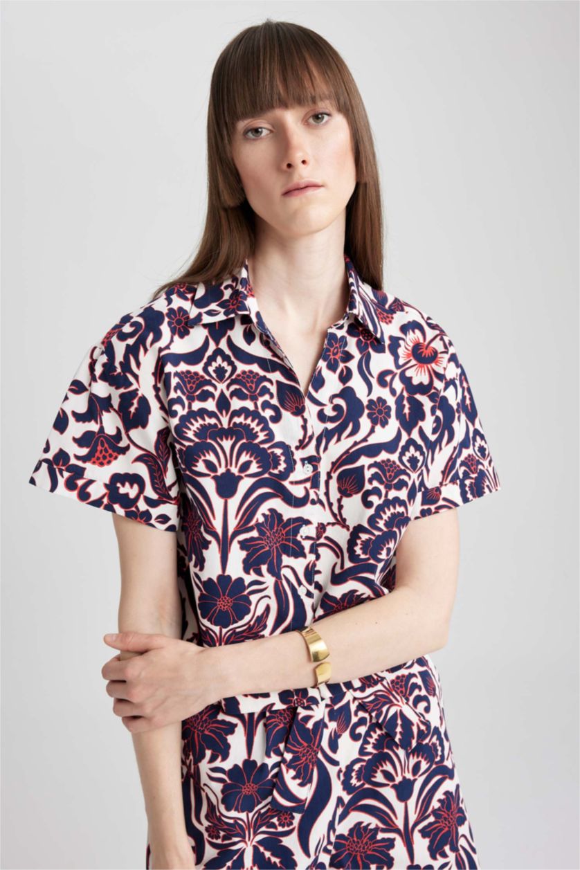 WOMAN NAVY Patterned Poplin Short Sleeve Cotton Shirt