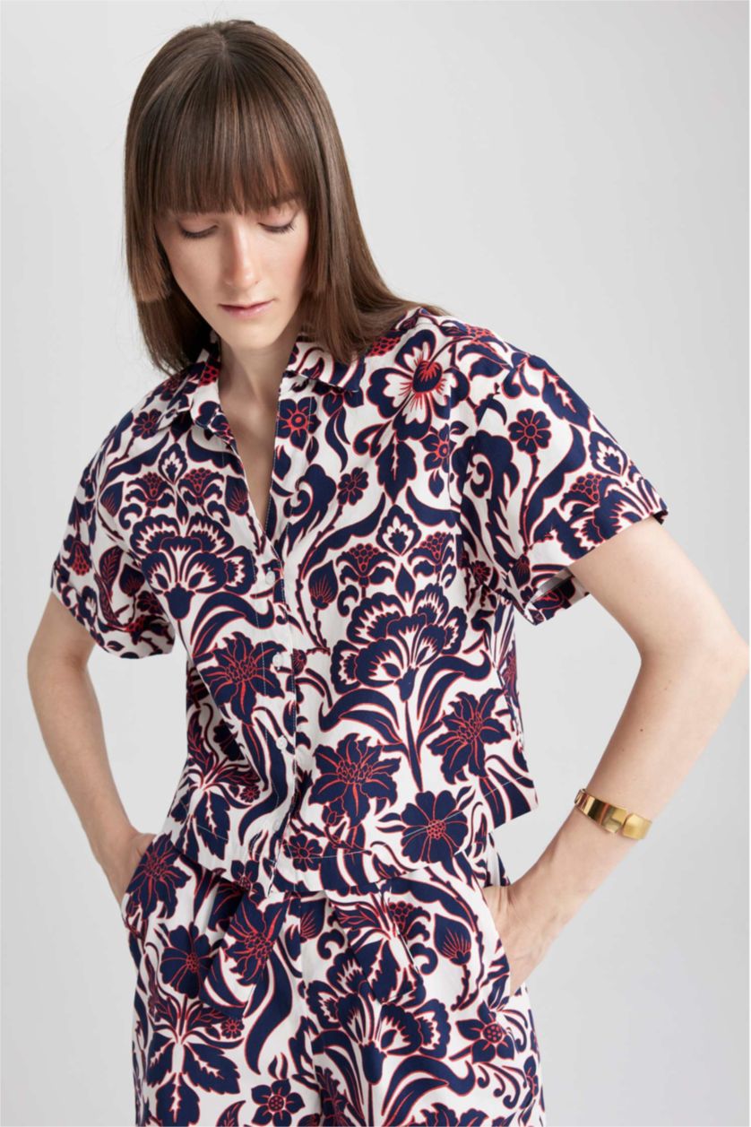 WOMAN NAVY Patterned Poplin Short Sleeve Cotton Shirt