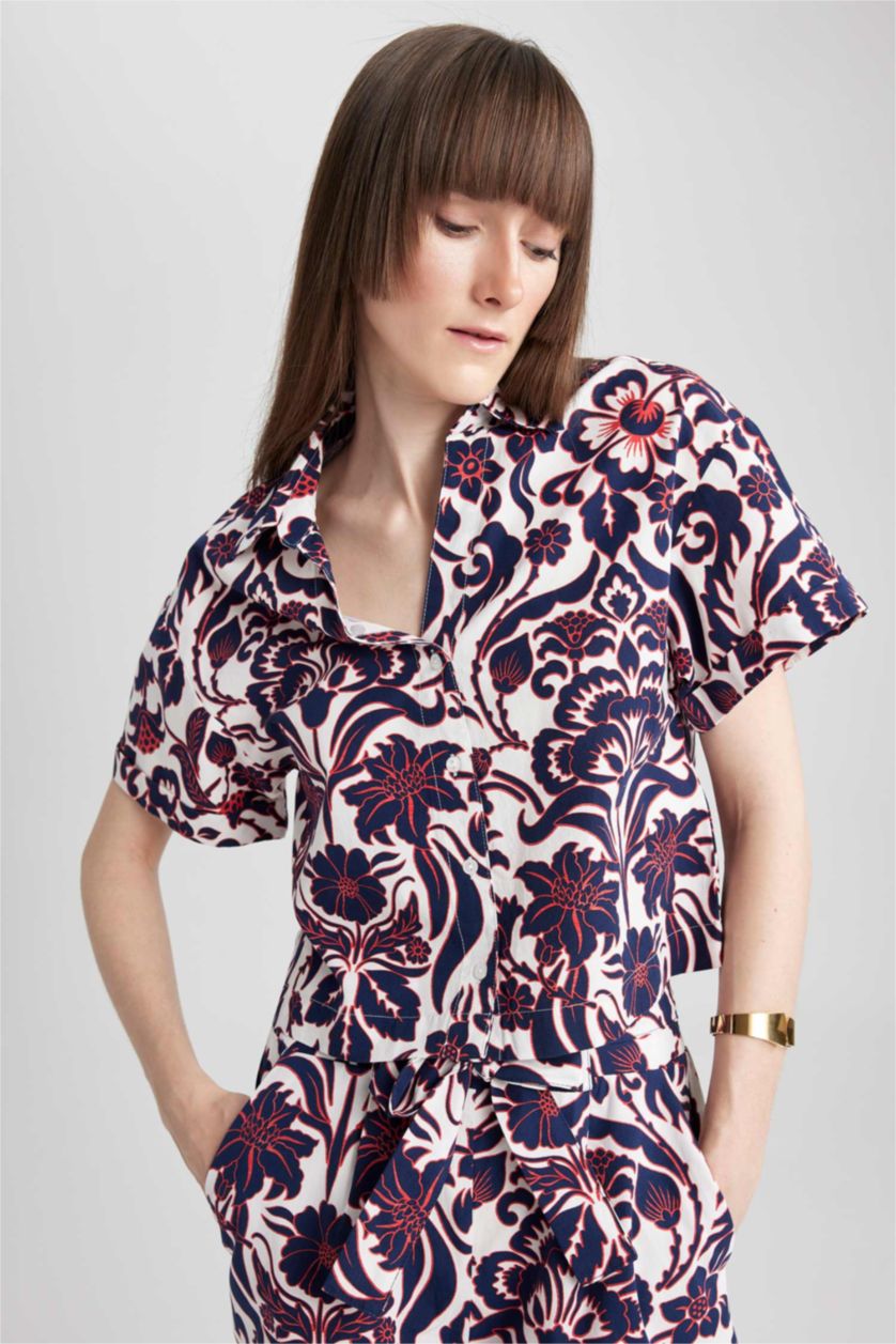 WOMAN NAVY Patterned Poplin Short Sleeve Cotton Shirt