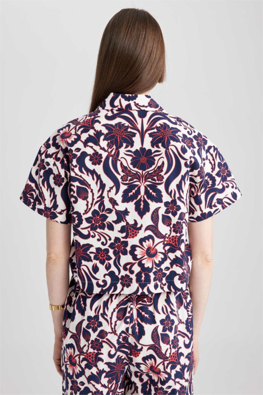 WOMAN NAVY Patterned Poplin Short Sleeve Cotton Shirt