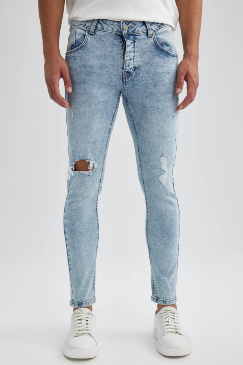 MAN Ice Blue Skinny Comfort Fit Tight Relaxed Fit Normal Waist Ripped Detailed Jeans