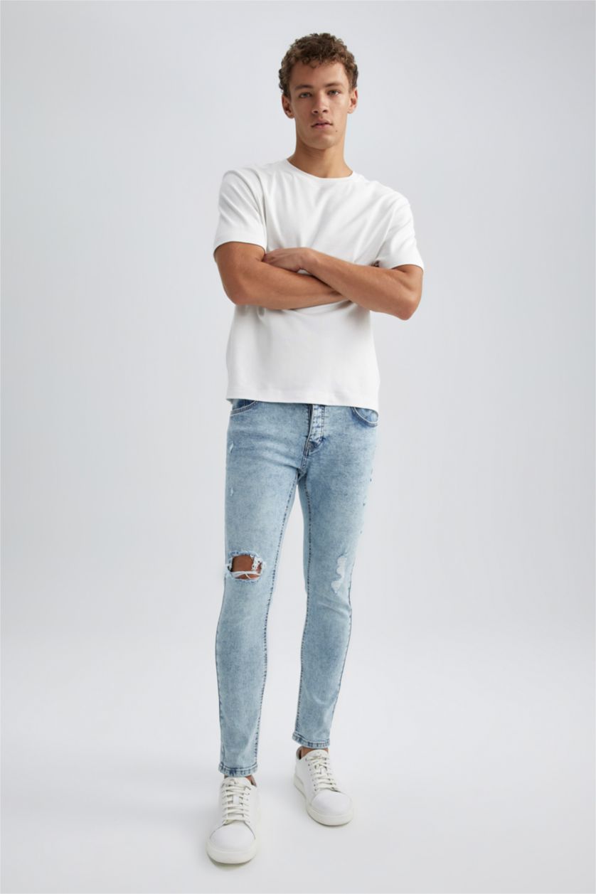 MAN Ice Blue Skinny Comfort Fit Tight Relaxed Fit Normal Waist Ripped Detailed Jeans