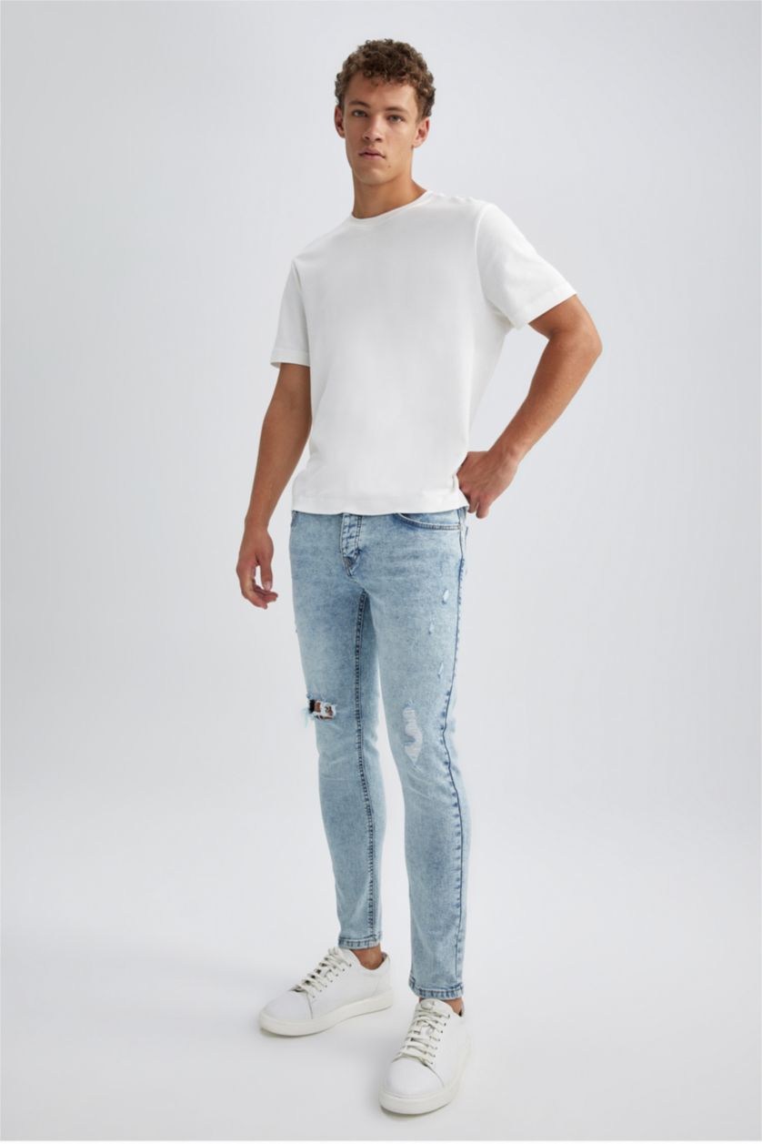 MAN Ice Blue Skinny Comfort Fit Tight Relaxed Fit Normal Waist Ripped Detailed Jeans