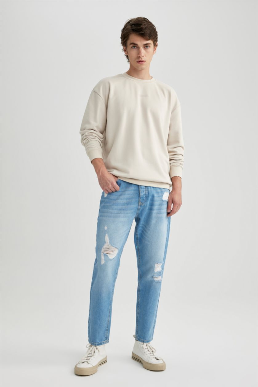 رجالي أزرق فاتح بنطلون جينز سليم فيت ممزق