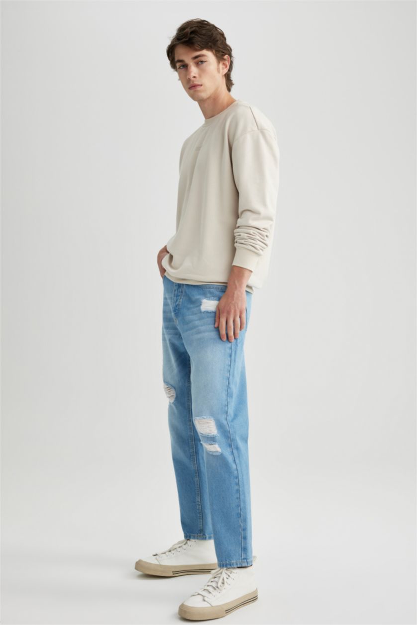 رجالي أزرق فاتح بنطلون جينز سليم فيت ممزق