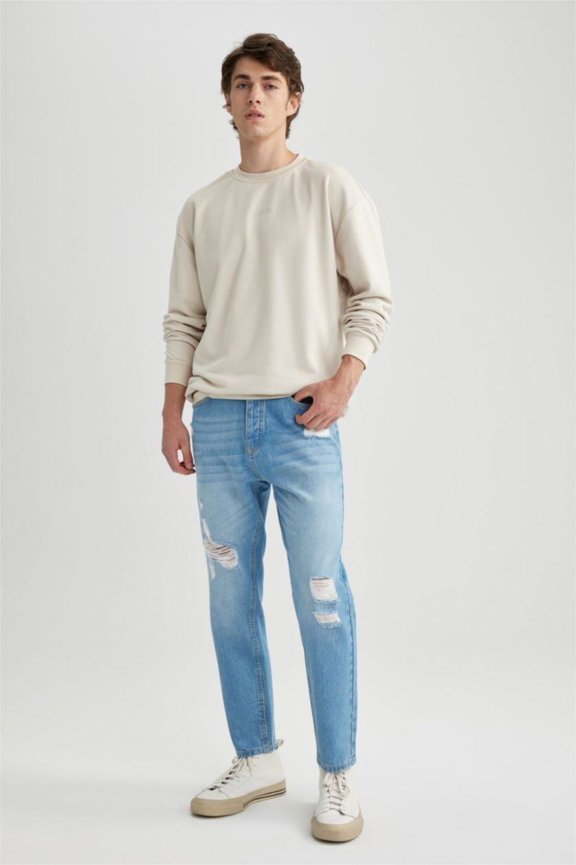 رجالي أزرق فاتح بنطلون جينز سليم فيت ممزق