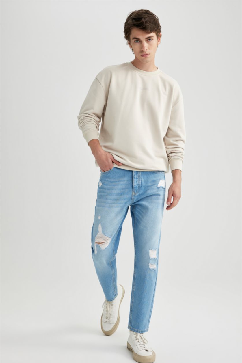 رجالي أزرق فاتح بنطلون جينز سليم فيت ممزق