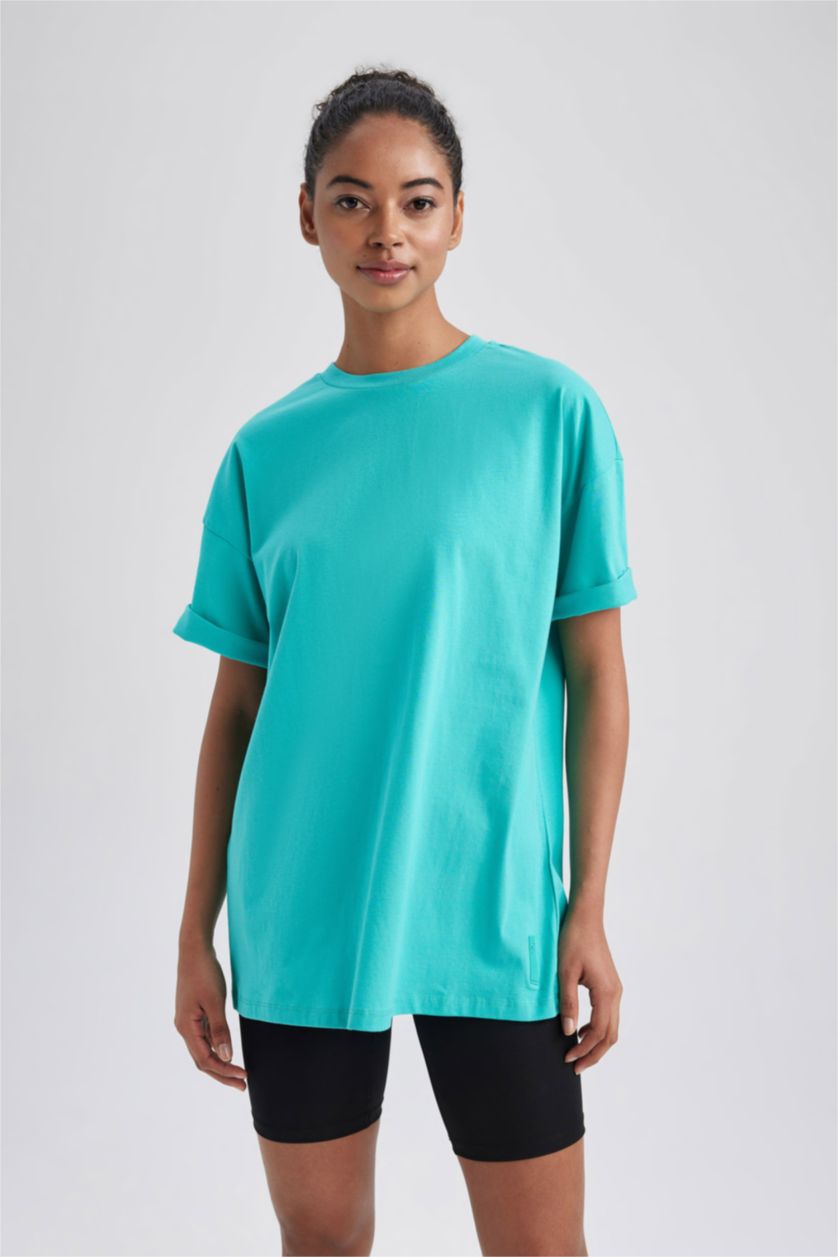 نساء أخضر فاتح تي شيرت نص كم رياضي اوفر سايز بياقة مستديرة