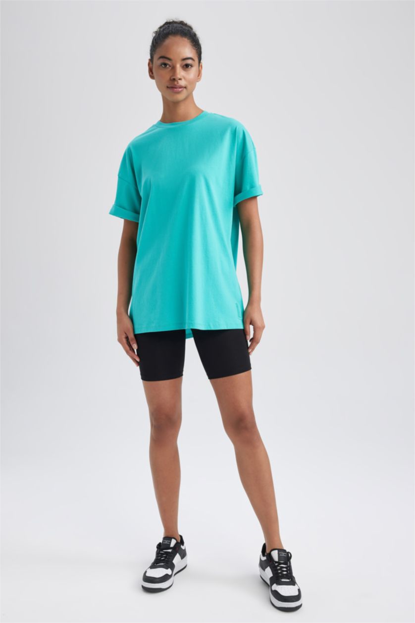 نساء أخضر فاتح تي شيرت نص كم رياضي اوفر سايز بياقة مستديرة